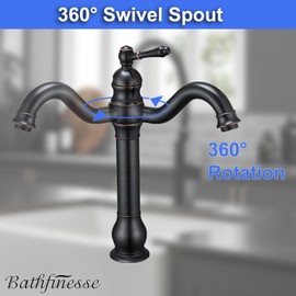 Bathfinesse Long Spout Bathroom Faucet 360° Swivel Oil Rubbed Bronze Vessel Sink Faucet Commercial Single-Handle Single Hole Matching Pop Up Drain Stopper with Supply Lines Mixer Tap Deck Mount