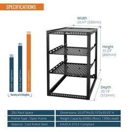 Tecmojo 20U Open Frame Network Rack for IT & AV Gear, Black, Alloy Steel, Rack Mount, Wall Floor Mount, Compatible with Networking Devices, Servers, IT Equipment