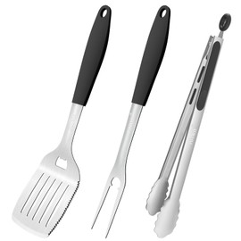 POTWIY BBQ Grilling Accessories, 3Pcs Stainless Steel Grill Tools Accessories Set with Spatula, Fork and Tongs, Barbecue Utensils Grilling Tools for Outdoor Camping, Heat-Resistant Silicone Handle