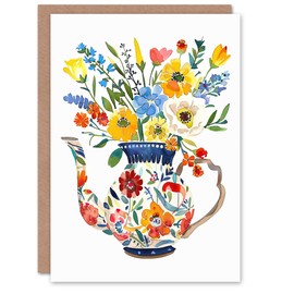 Artery8 Greeting Card Colourful Flower Bouquet in Floral Teapot Vase For Her Woman Birthday Card