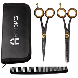 HT Homes Professional Hair Cutting Scissors Set Barber Thinning Scissors & Thinning Shears Kit 6.5 inch Black Hairdressing Shears Professional Barber Scissors Hair Cutting Shears Set Japanese Stainless Steel for Salon with COMB. (6.5" Set of 3, Black)