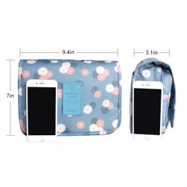 Multifunction Portable Waterproof Travel Kit Toiletry Travel Cosmetic Bag Hanging Hook For Men and Women Blue Flowers