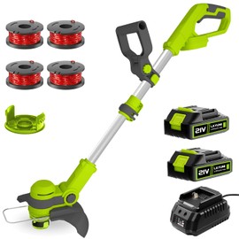 21V String Trimmer Cordless, Battery Powered, Electric Grass Trimmer with 2 x 2.0Ah Batteries, 12 Inch Trimmer and Edger with 4 Bonus Spools for Lawn, Garden