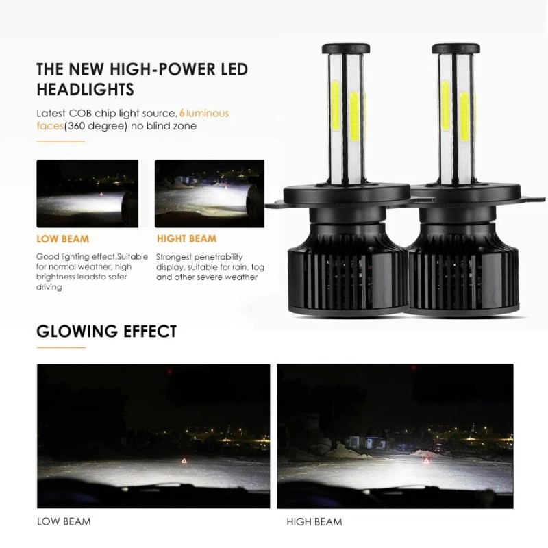 IRONWALLS 6Sides H4/9003/HB2 LED Headlight Bulbs Kit High Low Dual
