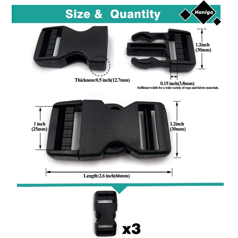honigo Quick Side Release Buckles 1" Wide 3 Pcs Dual