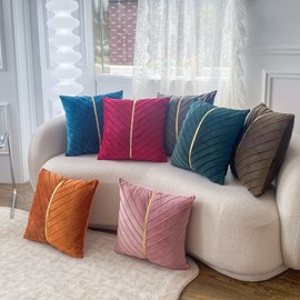 YunJeude Cushion Cover 17.7 x 17.7 inches (45 x 45 cm), Scandinavian 2 Piece Set, Stylish, Cute, Pattern, Striped, Velvet, Decorative Gold Synthetic Leather, Simple, Modern, Antique, Natural, Zipper,