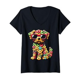 Women's Fruity Cat Fun: Fruit Loops Cat T-Shirt with V-Neck, black
