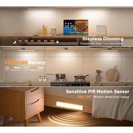Auxoda Under Cabinet Lighting, 3 Color Temperatures Motion Sensor Light Indoor, USB Rechargeable Battery Operated Closet Lights, Wireless Dimmable LED Cabinet Lights, Under Counter Light for Kitchen (2 Pack)