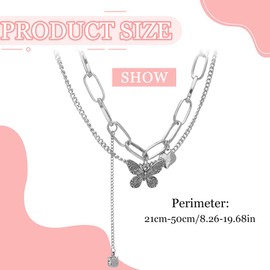 UEIOAVL Necklaces for Kids, 1 Piece Butterfly Pendant Collar Double Layer Stackable Chunky Necklace Circle Chain Punk Hip Hop Butterfly Clavicle Chain (Silver)