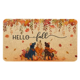 Kuyuayee Fall Dog Welcome Door Mat 30x17 Inch Fall Thanksgiving Doormat Indoor Outdoor Entrance Floor Mats Non-Slip Washable Autumn Decor Rugs