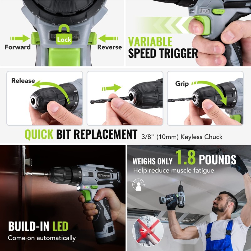 WORKPRO Home Tool Kit with Power Drill, 108PCS Power Home