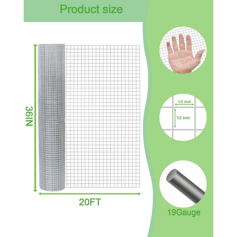 Hardware Cloth 36in x 20ft 1/2 Inch 19 Gauge, Hot-Dipped