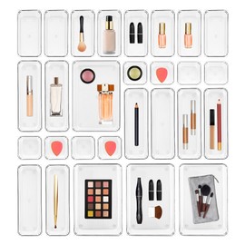 Ravinte 28 PCS Drawer Organizer Plastic Storage Bins, 4 - Size Kitchen Drawer Organizer with Non-Slip Pads Clear Desk Storage Tray for Makeup, Jewelries, Kitchen Utensils and Office