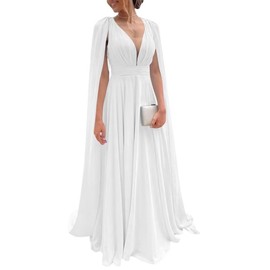 Women's Bridesmaid Dresses with Sleeves Pleated Chiffon V Neck Formal Evening Gown White A-6