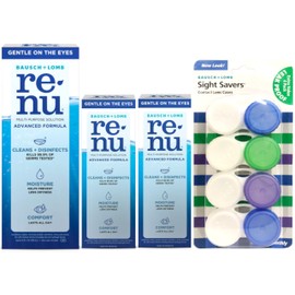 Renu Advanced Formula Multi-Purpose Solution 12 fl oz, Sight Savers Contact Lens Cases 4 Ct, and Two Renu Advanced Formula 2 fl oz Bottles