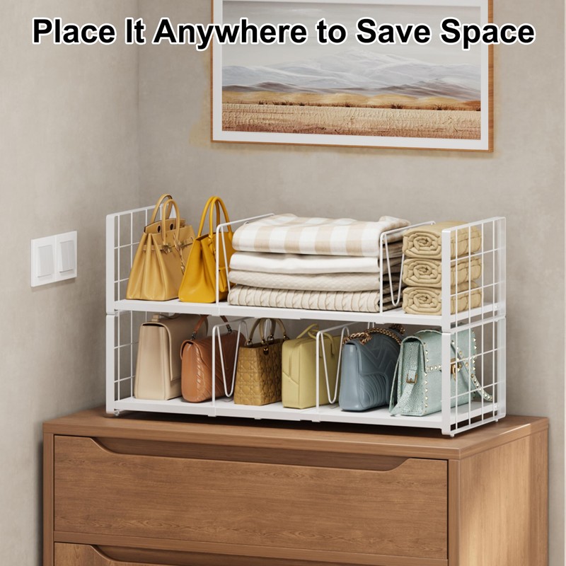2-Pack Closet Organizers Stackable Clothing Storage Shelves, Expandable Clothes Shelf