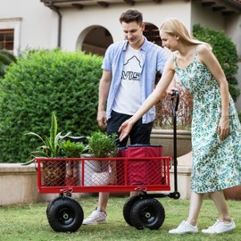 VIVOHOME Heavy Duty 880 Lbs Capacity Mesh Steel Garden Cart Folding Utility Wagon with Removable Sides and 4.10/3.50-4 inch Wheels (Red)
