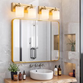 BrkNit 2 Light Modern Bathroom Light Fixtures Over Mirror, Brass Finish Vanity Lights for Bathroom Wall Sconces with Milky White Glass Shades, E26 Socket (Bulbs Not Included)
