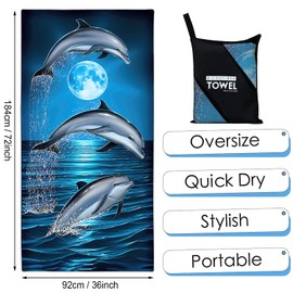 Zomer Beach Towel Large 90 x 180 cm Quick-Drying Microfibre Printed with Dolphin Moon Motif
