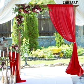CHHEART Red Chiffon Backdrop Curtain, 2 Packs 28x120 Inches, 100% Polyester, Rod Pocket, for Weddings, Parties, Semi Sheer Curtains, Voile Curtains, Red Backdrop Drapes