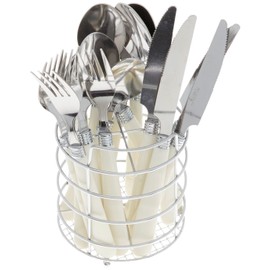 Gibson Sensations 16-Piece Stainless Steel Flatware Set with Metal Caddy - Includes Knives, Forks, Large & Small Spoons - Durable, Dishwasher Safe Silverware for Everyday Dining (White)