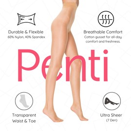 PENTI Stop 7 Run-Resistant Ultra-Sheer Pantyhose | Advanced Anti-Run Technology | 7 Den Matte Tights with Transparent Waist & Cotton Gusset (US, Numeric, 2, Regular, Regular, Nude)