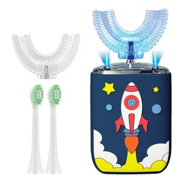 Geacker Kids U Shaped Electric Toothbrush Ultrasonic Automatic Brush with 4 Brush Head 6 Clean Modes IPX7 Waterproof Whole Mouth Rechargeable Smart Timer Toothbrushes for Children Age 2-12 (Blue)