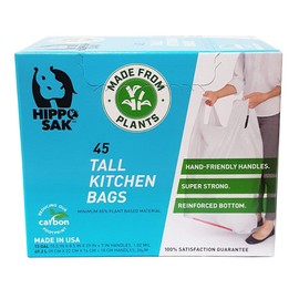 Hippo Sak - Plant Based Tall Kitchen Garbage Bags with Ergonomic Handles - 13 Gallon Trash Bags - Recyclable & Eco Friendly - Super Strong and Leak Proof Tall Kitchen Trash Bags (45 Count)