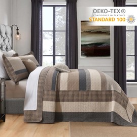 Finlonte 100% Cotton 120"x120" California King Bedspread, Cal Oversized King Bedspread Coverlet Extra Large Quilt Set, Stripe Farmhouse Quilted Bed Spread Lightweight Comforter, Charcoal/Beige, 3 pcs