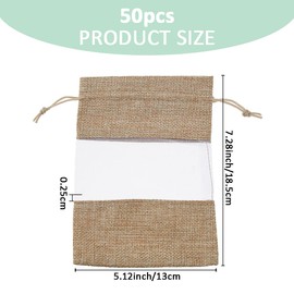 SUPERFINDINGS 50Pcs 19x13cm Burlap Bag with Drawstring Linen Sacks Bag Brown Favor Bags Organza Gift Bags Visual Window for Gifts Candy Small Items Art DIY Craft Wedding Shower Favors