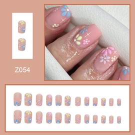 Vezocim Flower Press on Nails Coffin Short Length, 24Pcs Full Cover Reusable Glossy Fake Nails Set, Artificial Fingernails Square False Nails with Spring Floral Designs, Glue Stick on Nails with Charm