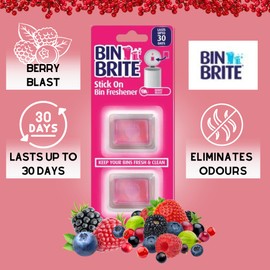 Bin Brite Stick On Bin Freshener Pack of 4-2 x each Berry Blast and Citronella & Lemongrass Scents - 2 x 5g each pack - Total of 8 Stick On Bin Freshener and Odour Eliminator