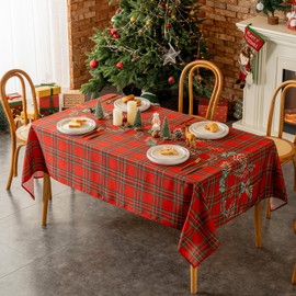 VidaFete Christmas Checkered Rectangle Tablecloth, Red Plaid Xmas Table Cloth Polyester with Leaf Pattern, Washable Waterproof Holiday Table Cover for Xmas Dining Parties Home Decoration,60x84in