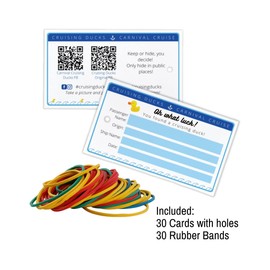 60 Pack Cruising Ducks Tag & Rubber Bands | Double Sided with Facebook QR Codes + Multicolor Rubber Bands | Tags 2 x 3.5 inches Business Card Size | #CruisingDucks Oh What Luck!
