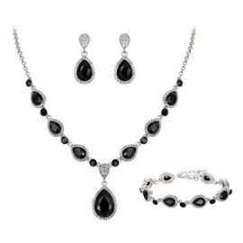 EleQueen Women's Black Silver-Tone Rhinestone Crystal Teardrop Necklace Earrings Bracelet Wedding Bridal Jewelry Set for Brides Bridesmaids