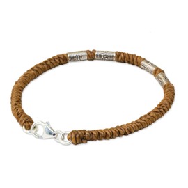 NOVICA Artisan Handmade Silver Accent Wristband Bracelet 950 Braided from Thailand Fine Sterling No Stone Brown Warm Taupe Hill Tribe [7.75 in L 4 mm W] ' Simply Happy in Tan'