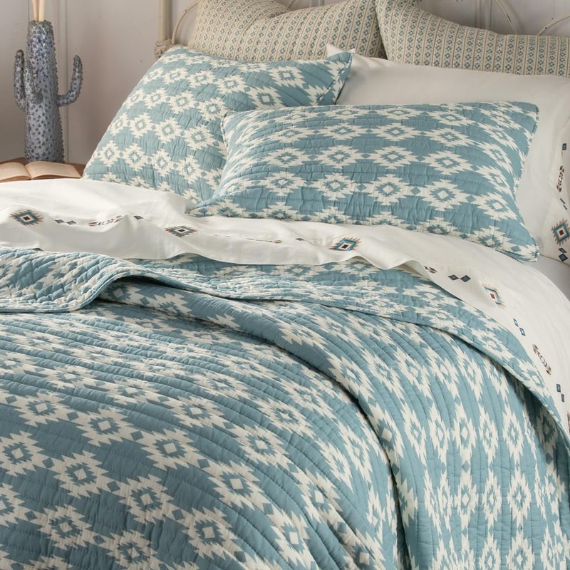 Rod's Blue Canyon (Quilt)-Full/Queen Quilt-Southwest Aztec-Blue White-Quilt Size (88x92)-Reversible-Cotton