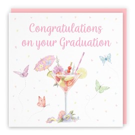 Hunts England - Pink Cocktail And Butterflies Elegant Graduation Card For Her - Milo's Gallery - Female Congratulations Card - Well Done Card For Graduating