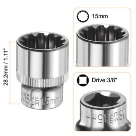 sourcing map 2pcs 12 Points Socket 3/8" Drive 15mm Metric Shallow Impact Socket Cr-V Steel Chrome Plating Flip Sleeve Nut Driver Wrench for Home Auto Nuts Bolts Repair