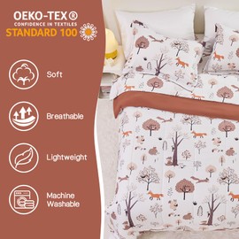 Kids Comforter Set for Boys Girls Full Size, Cute Reversible Quilted Woodland Forest Animal Print Fall Bedding with Pillow Sham, Lightweight Soft Breathable Machine Camping Themed Bed Set 3 Piece