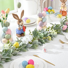 Waipfaru 6Ft Easter Egg Garland with Lights, Spring Garland for Mantle, Easter Table Mantel Decorations, Flower Vine with Lambs Ear for Stairs Fireplace Tree Home Decor