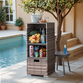 Devoko Outdoor Pool Towel Rack Patio Waterproof Rattan Wicker Storage Cabinet Shed with Shelves & Drawer (Brown)