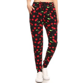 Leggings Depot JGA-R991-L Sweet Cherries Print Jogger Pants w/Pockets, Large