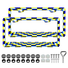 HCSS 2PCS Colorful Checkerboard License Plate Frames, Yellow Blue White Black Aluminum Metal License Plate Holder Covers, Rust-Proof Waterproof Car Decorative Tag Frames for Standard US 12x6 Inch