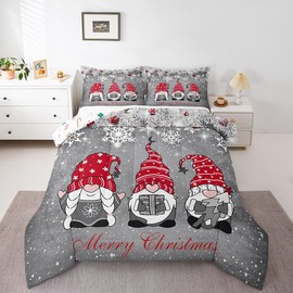 Erosebridal Christmas Gnomes Comforter Set, Xmas Theme Down Comforter for Kids Boys Girls Teens Adult, Santa Claus Snowflake Bell Quilt Merry Christmas Bedding Set with 2 Pillow Cases, Grey, Queen