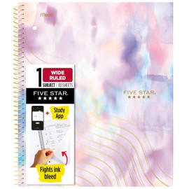 Five Star Spiral Notebook + Study App, 1 Subject, Wide Ruled, 8" x 10-1/2", 80 Sheets, Fights Ink Bleed, Water Resistant Cover, Pastel Tie Dye (930210F-ECM)