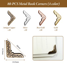 80 PCS Book Corner Protectors,Vintage Carved Metal Book Corners Durable Lightweight,4 Color Photo Corners for Scrap Book,for Book Notebook Folder Photo Album Frame Protection