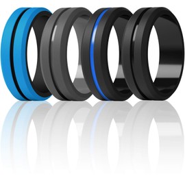 ThunderFit Silicone Wedding Rings for Men, Brushed Top Middle Engraved Line Rubber Engagement Bands 8.2mm Wide 2.5mm Thick - 1/4/6/7 Variety Multipack (Pack N - Size 6.5-7 (17.35mm))