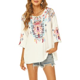Seasonal Women's Embroidered Crew Neck Blouse Summer Bohemian Vintage Shirts Hippie Floral 3/4 Sleeve Boho Tops for Women,White-438,S