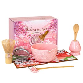 8Pcs Pink Matcha Set–Ceramic Matcha Bowl, Matcha Whisk with Sakura Charm Complete Japanese Matcha Kit with Whisk, Scoop, Sifter & Cloth